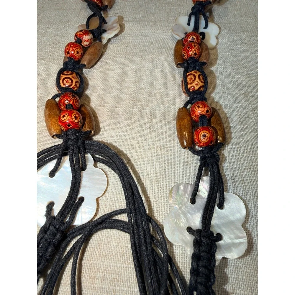 Boho Macrame Cord Belt Wood Beads Mother of Pearl Shell Chinese Zodiac Medallion
